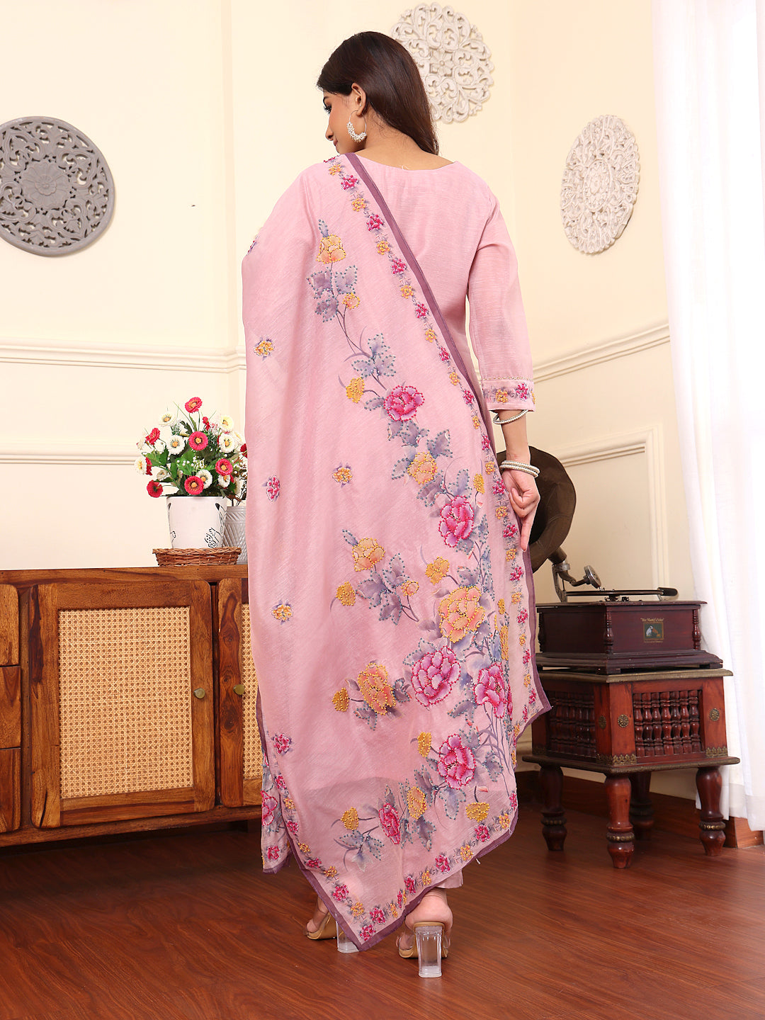 Varanga Women Pure Mauve Kantha Hand Embroidered Kurta Set With Dupatta - Distacart