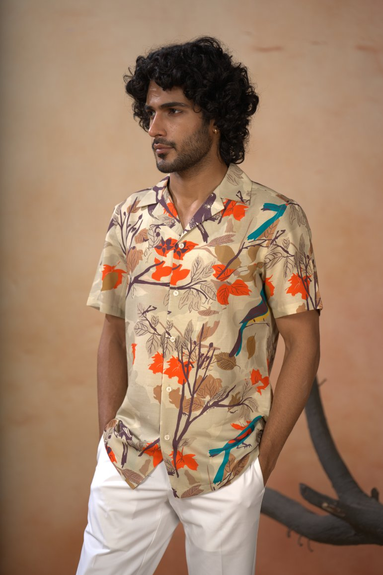 Serenity Bird Themed Print Cotton Shirt by Hilo Design - Distacart