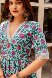 Thumbnail for Pomcha Jaipur Gaurangi Blue Pink Cotton Printed Anarkali Set