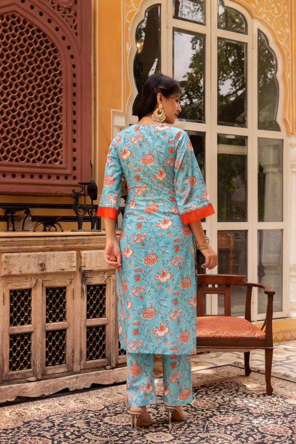 Pomcha Jaipur Gaurangi Blue Orange Cotton Floral Print Suit Set - Distacart