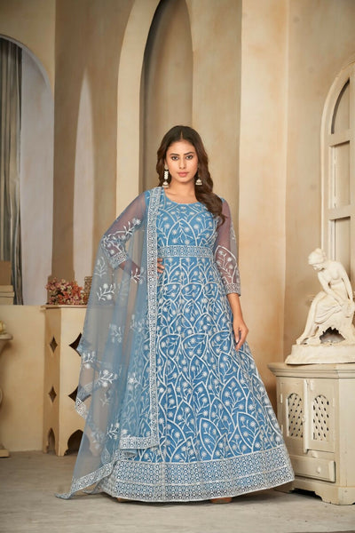 Jyoti Fashion Women's Sky Blue Net Embroidered Anarkali Kurta Pant Set With Dupatta