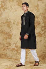 Thumbnail for Bluesaanchi Men's Sunshine Handwoven Embroidered Black Kurta Set - Distacart