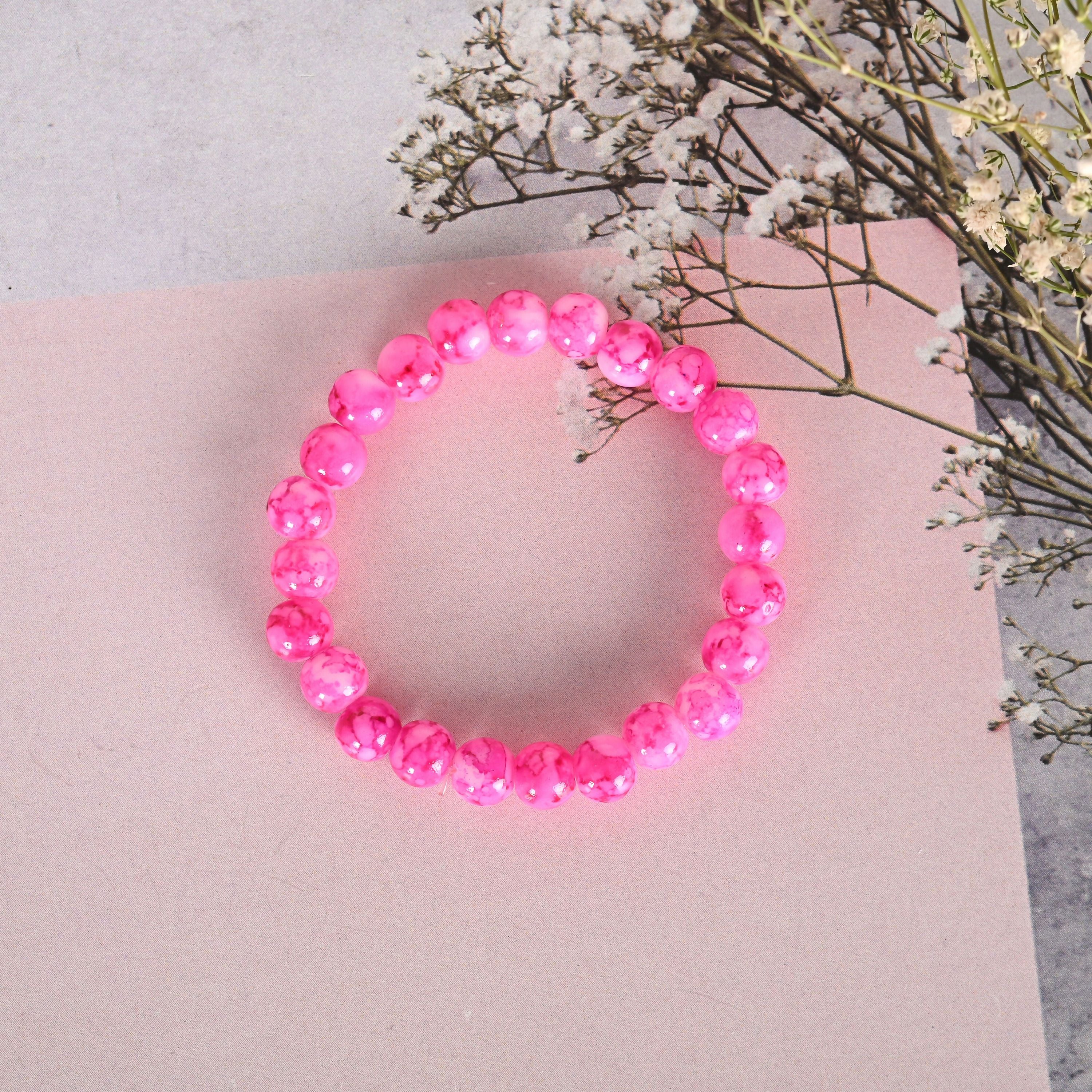 NVR Men & Women Pink Marble Crystal Beaded Elasticated Bracelet - Distacart