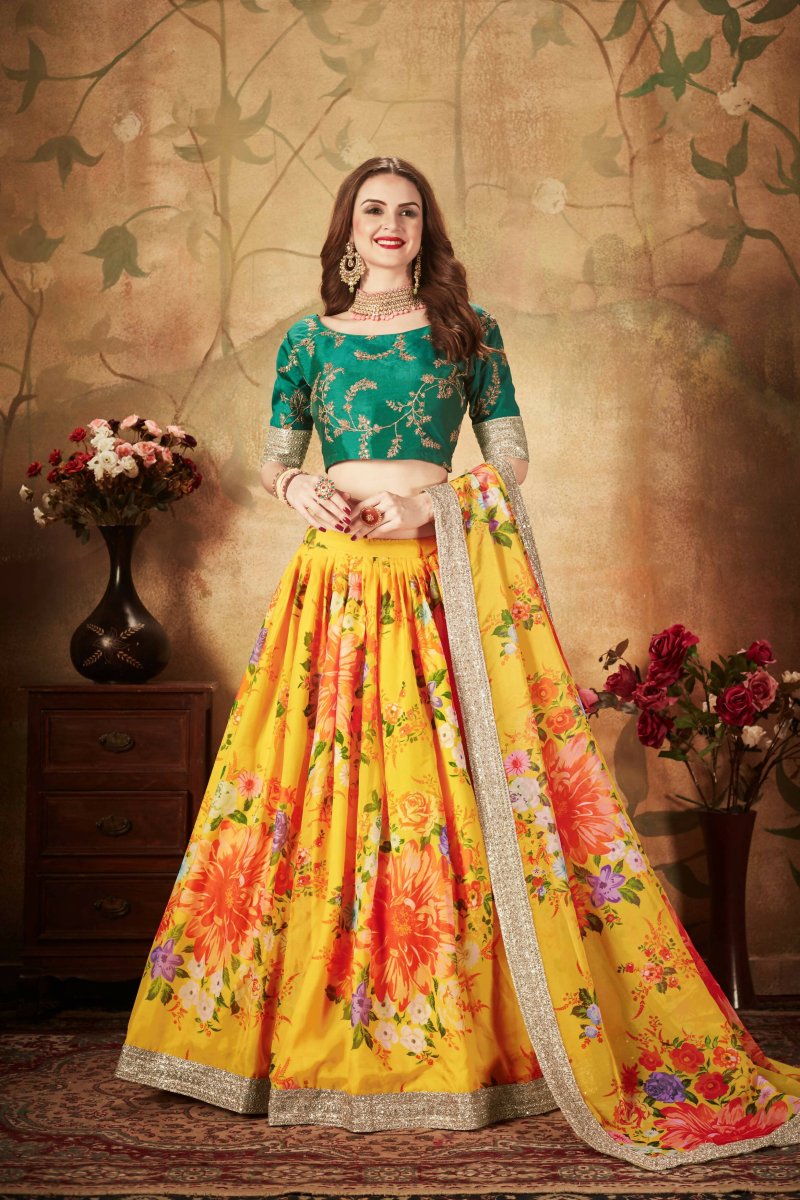 Aastha Fashion Women's Yellow-Green Floral Digital Printed Organza Bridal Lehenga Choli - Distacart
