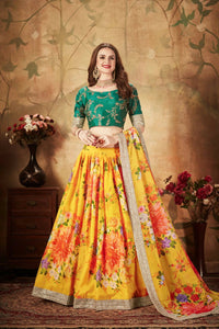Thumbnail for Aastha Fashion Women's Yellow-Green Floral Digital Printed Organza Bridal Lehenga Choli - Distacart