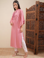 Thumbnail for Vishudh Floral Embroidered Mandarin Collar Bell Sleeves Mirror Work Straight Kurta - Distacart