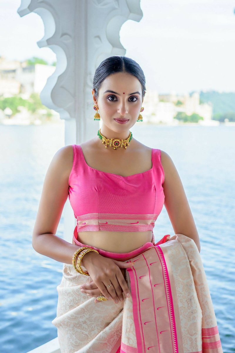Aastha Fashion Off White Woven Kanjivaram Silk Saree with Blouse - Distacart
