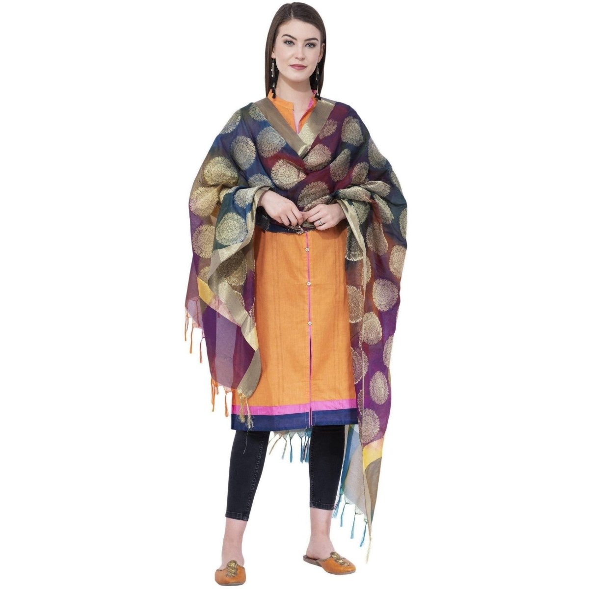 A R Silk Women's Zari Embroidery With Rainbow Colour Vanarsi Silk Rainbow Multi Dupattas and Chunnis