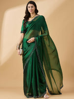 Thumbnail for Green Organza Swaroski Diamond Work Saree with Unstitched Blouse - Radha - Distacart