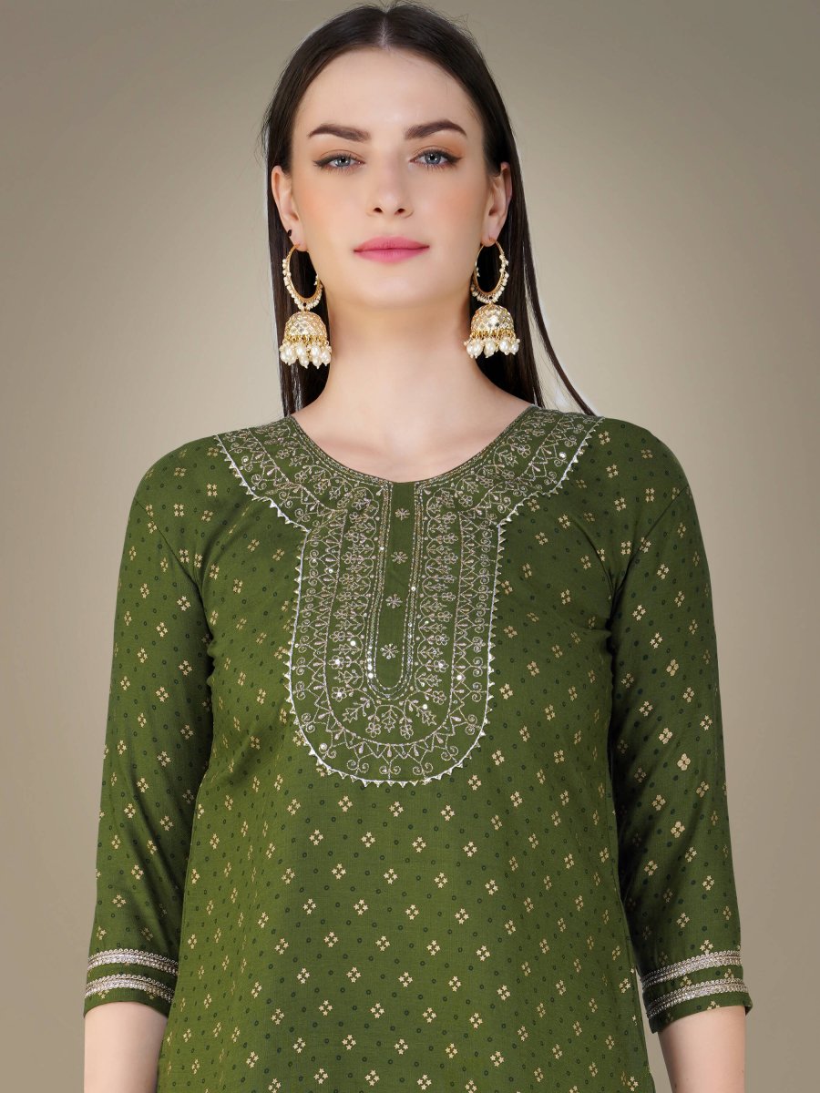 Aastha Fashion Women's Mehendi Cotton Magic Slub Embroidery & Sequence Work Kurta with Trouser & Dupatta - Distacart