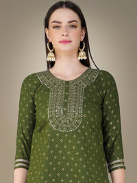 Thumbnail for Aastha Fashion Women's Mehendi Cotton Magic Slub Embroidery & Sequence Work Kurta with Trouser & Dupatta - Distacart