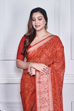 Thumbnail for Morchari Red Script Printed Orzanga Saree Unstitched Blouse