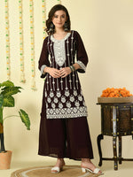 Thumbnail for Myshka Women's Coffee Brown Georgette Kurta & Palazzos With Dupatta Party Sets - Distacart