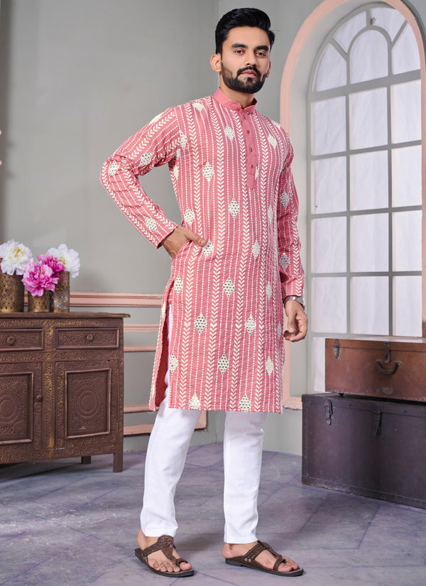 Prazu Fashion Baby Pink Linen Embroidered Kurta