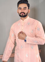 Thumbnail for Prazu Fashion Light Peach Linen Embroidered Kurta