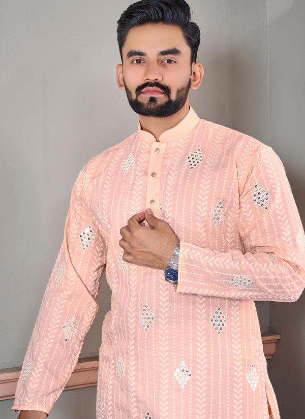 Prazu Fashion Light Peach Linen Embroidered Kurta
