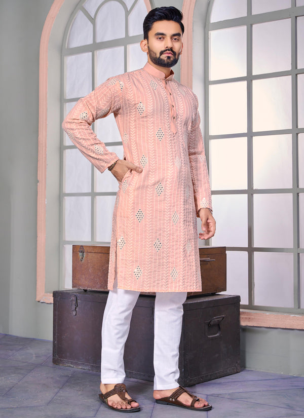 Prazu Fashion Light Peach Linen Embroidered Kurta