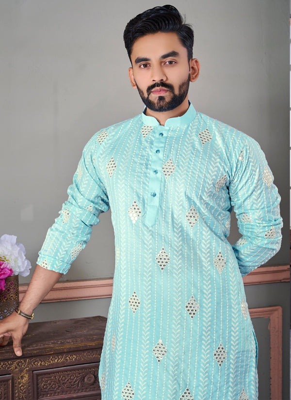 Prazu Fashion Sky Blue Linen Embroidered Kurta