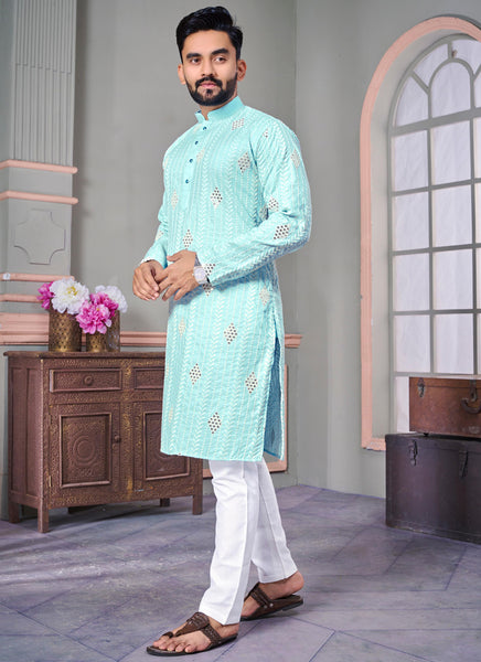 Prazu Fashion Sky Blue Linen Embroidered Kurta