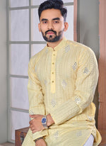 Thumbnail for Prazu Fashion Yellow Linen Embroidered Kurta