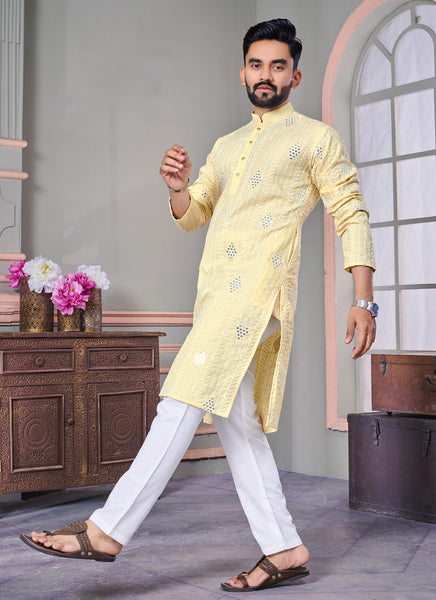 Prazu Fashion Yellow Linen Embroidered Kurta