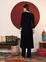 Thumbnail for Varanga Women V Neck Lace Detailed Velvet Kurta With Tonal Bottom - Distacart