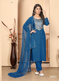 Thumbnail for NOZ2TOZ Women Party Wear Embroidery Worked Kurta With Pant And Dupatta Set - Petrol Green