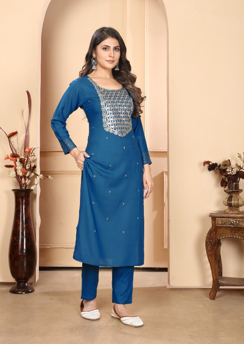 NOZ2TOZ Women Party Wear Embroidery Worked Kurta With Pant And Dupatta Set - Petrol Green