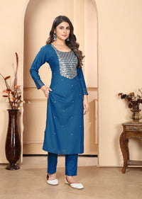 Thumbnail for NOZ2TOZ Women Party Wear Embroidery Worked Kurta With Pant And Dupatta Set - Petrol Green
