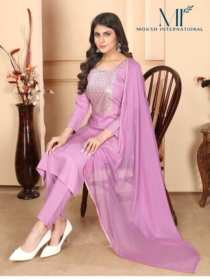 NOZ2TOZ Women Party Wear Embroidery Worked Kurta With Pant And Dupatta Set - Onion