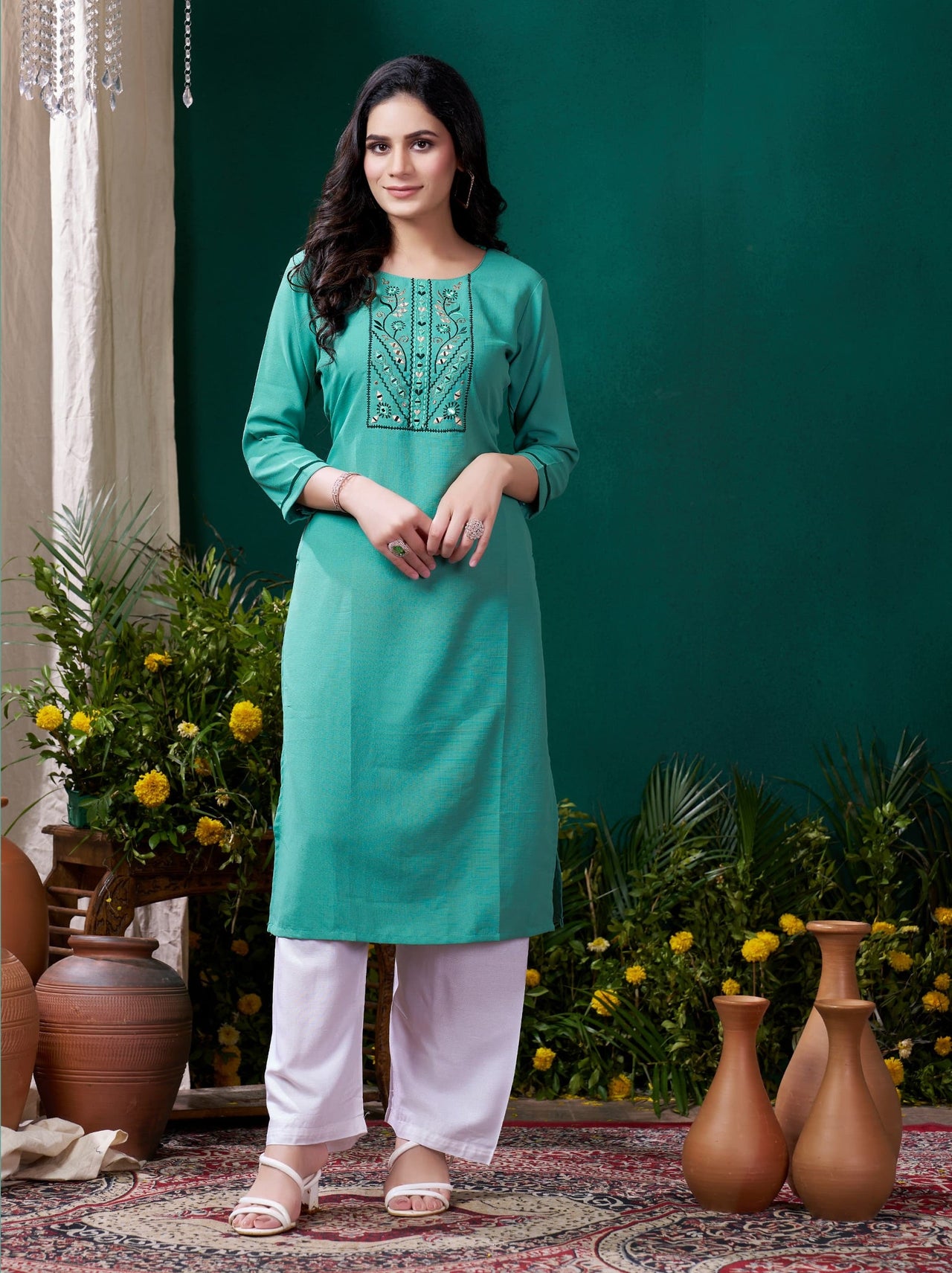 Lyush Women Party Wear Hand Embroidery Worked Kurta With Pant - Light Green