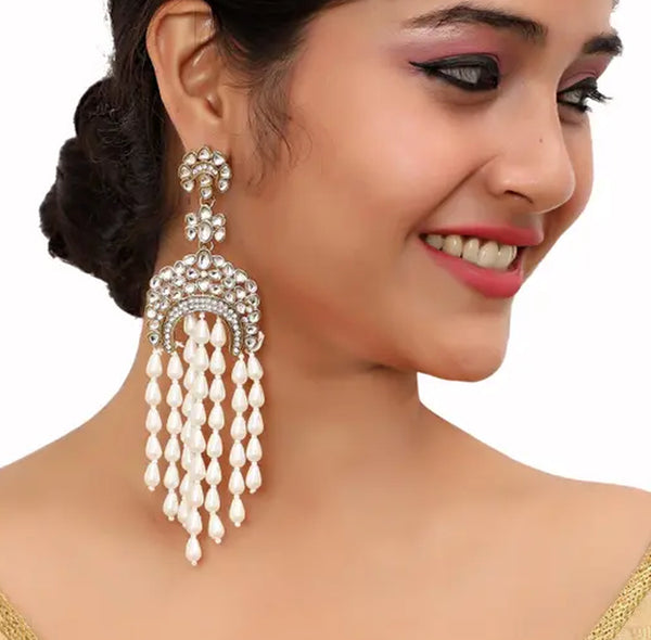 Jewel City Elegant Kundan Pearl Waterfall Earrings - Bridal Chandelier Earrings for Wedding & Festive Occasions