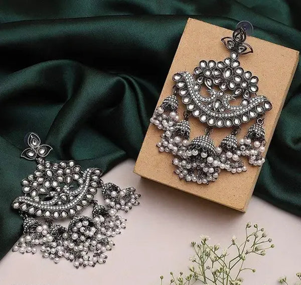 Jewel City Antique Silver Oxidized Kundan Jhumka Earrings - Handcrafted Bridal Chandelier Earrings with Pearl Clusters