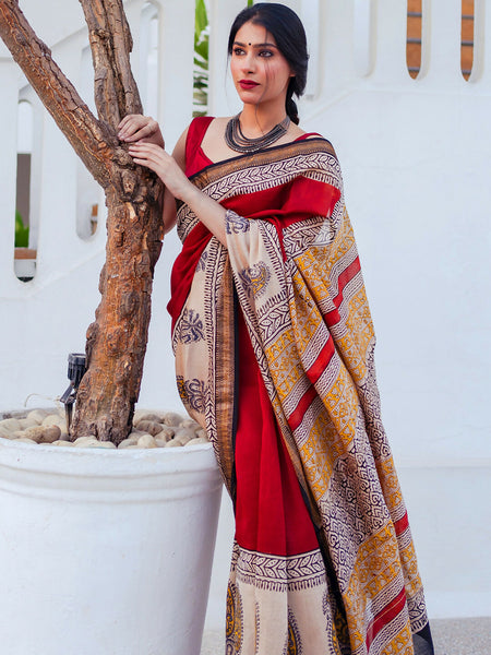 Zibaa Hand-Blocked Pure Maheshwari Silk Red Saree