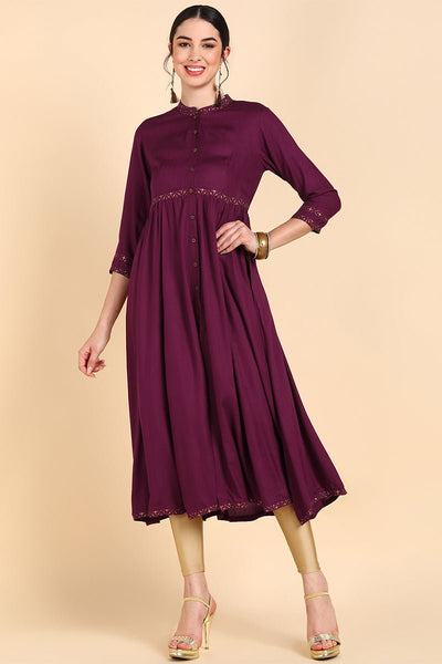 Ahika Burgundy & Rosewood Thread Work Anarkali Kurta