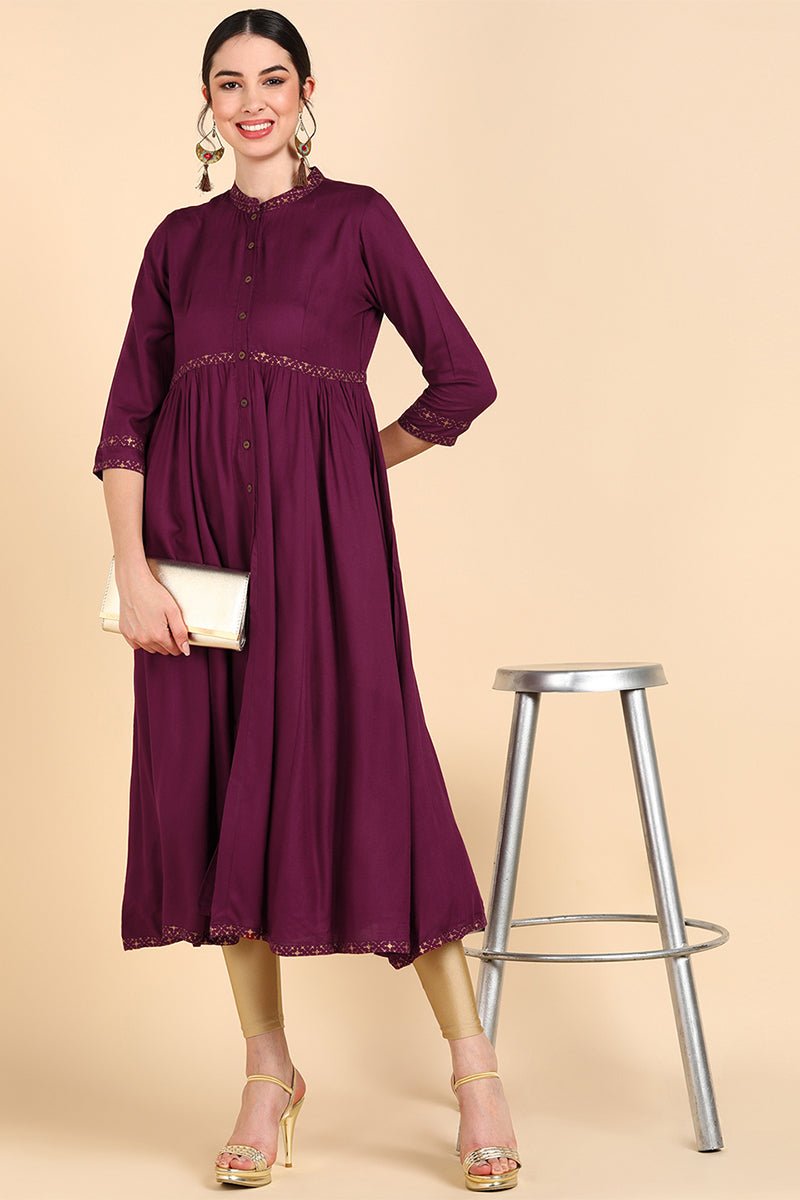 Ahika Burgundy & Rosewood Thread Work Anarkali Kurta