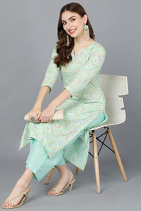 Thumbnail for Ahika Turquoise Blue Cotton Printed Kurta