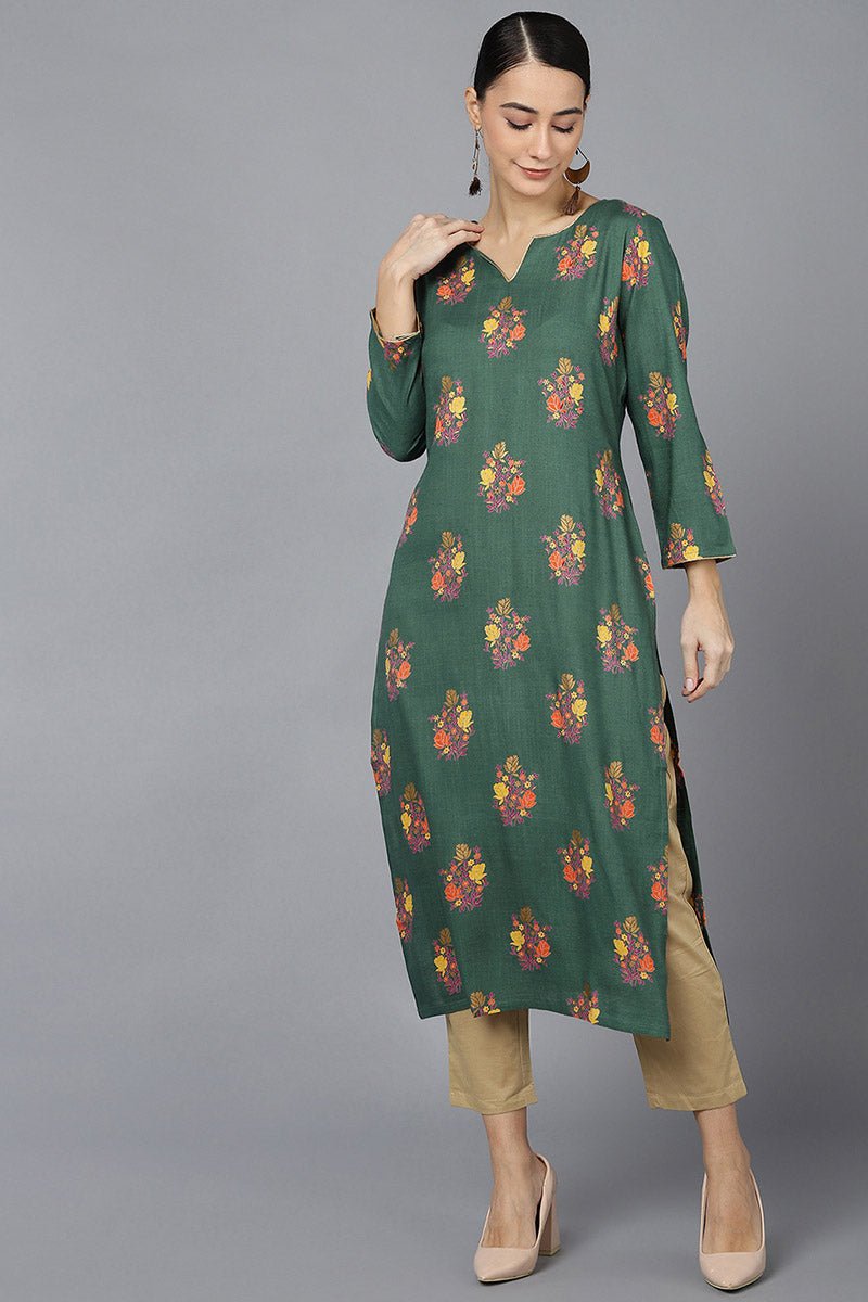 Ahika Green Cotton A-Line Kurta