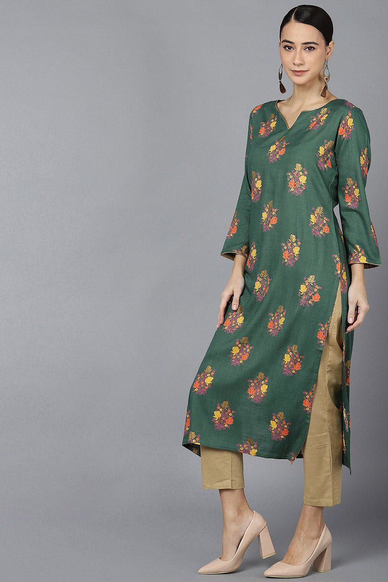 Ahika Green Cotton A-Line Kurta