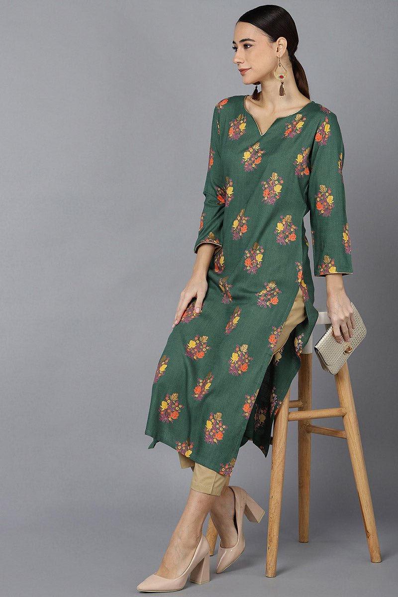 Ahika Green Cotton A-Line Kurta