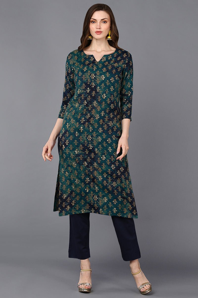 Ahika Silk Blend Blue Printed Straight Kurta