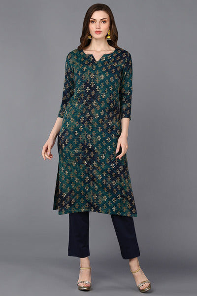 Ahika Silk Blend Blue Printed Straight Kurta
