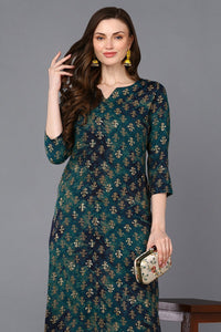 Thumbnail for Ahika Silk Blend Blue Printed Straight Kurta