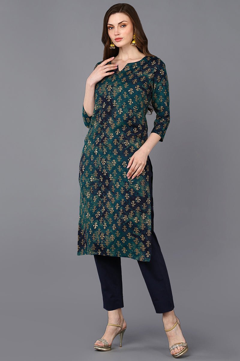 Ahika Silk Blend Blue Printed Straight Kurta