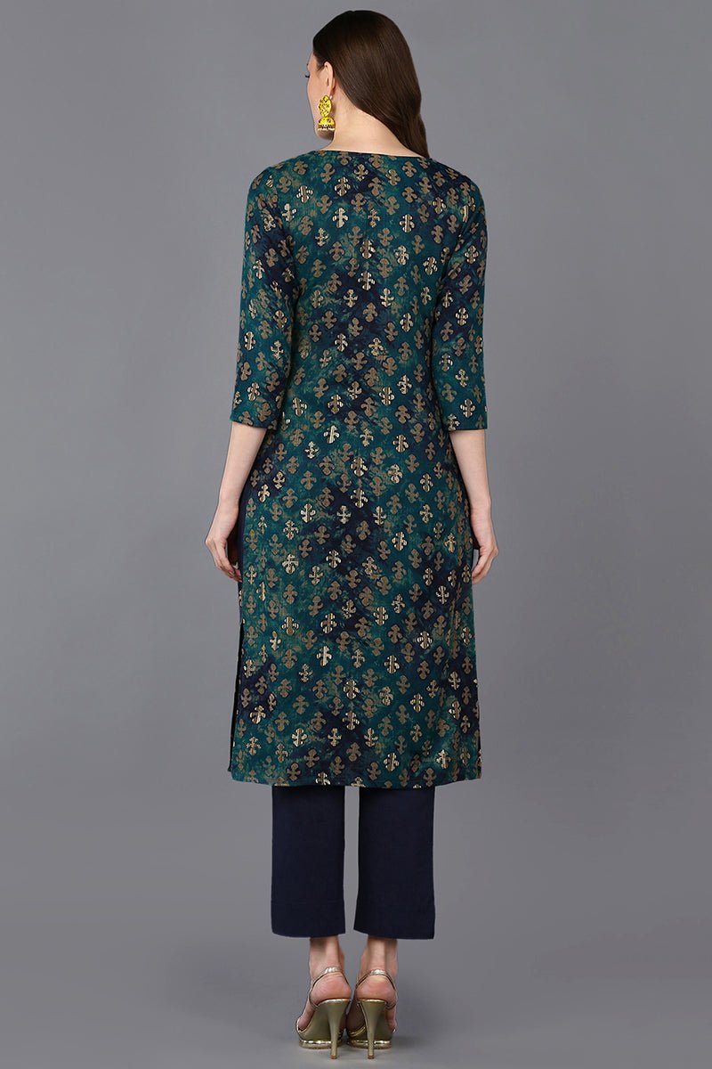 Ahika Silk Blend Blue Printed Straight Kurta