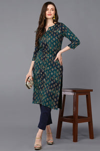 Thumbnail for Ahika Silk Blend Blue Printed Straight Kurta