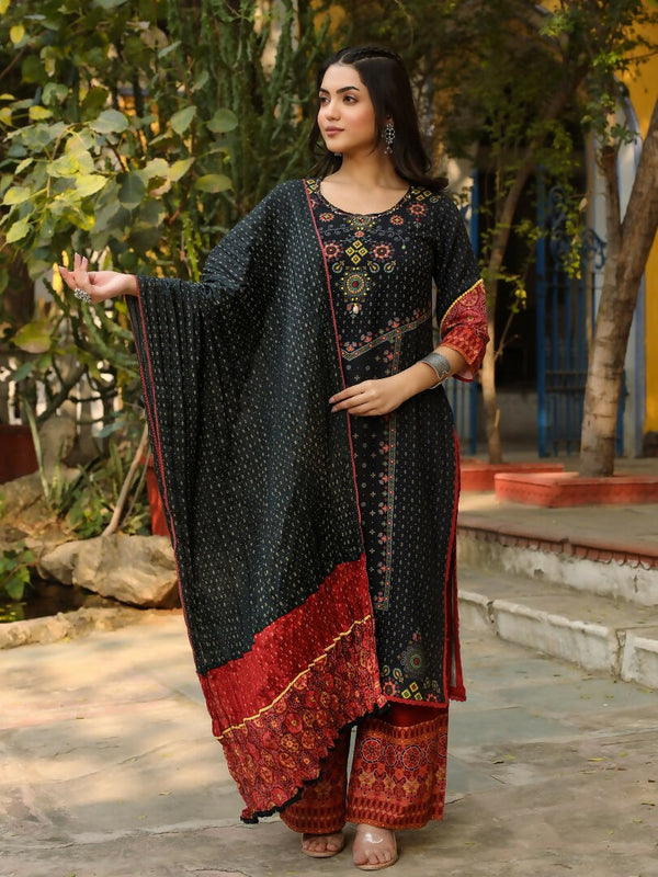 Juniper Black Ethnic Motif Placement Printed Rayon Kurta With Pant And Dupatta With Bead & Sequence Work - Distacart