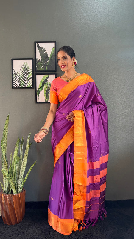 NOZ2TOZ Women Cotton Silk Woven Ready To Wear Saree With Blouse Piece - Purple
