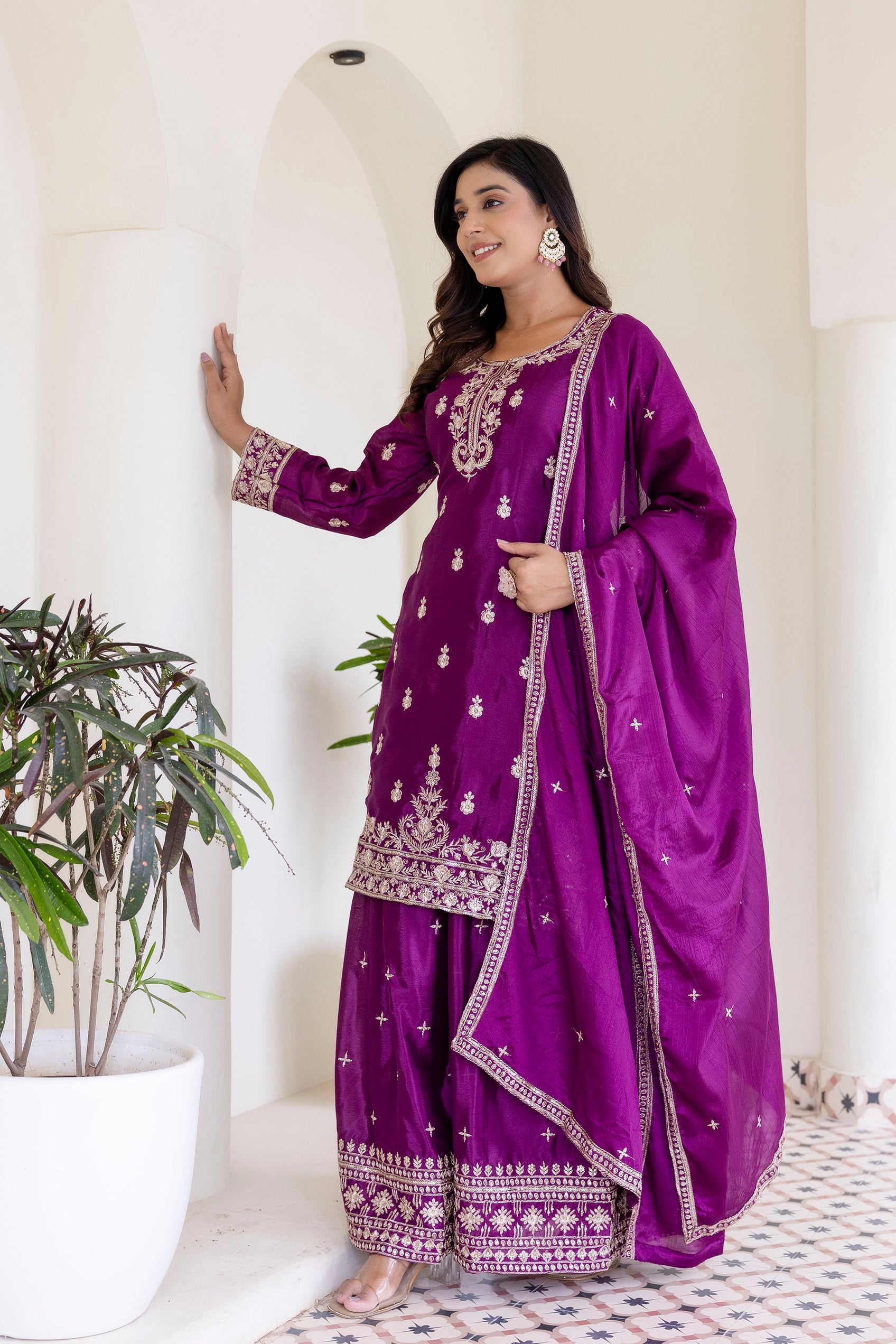 Lehenga Mart Designer Chinon Ready to wear Kurta Palazzo Dupatta for Women - Wine