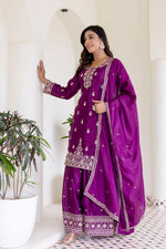 Thumbnail for Lehenga Mart Designer Chinon Ready to wear Kurta Palazzo Dupatta for Women - Wine